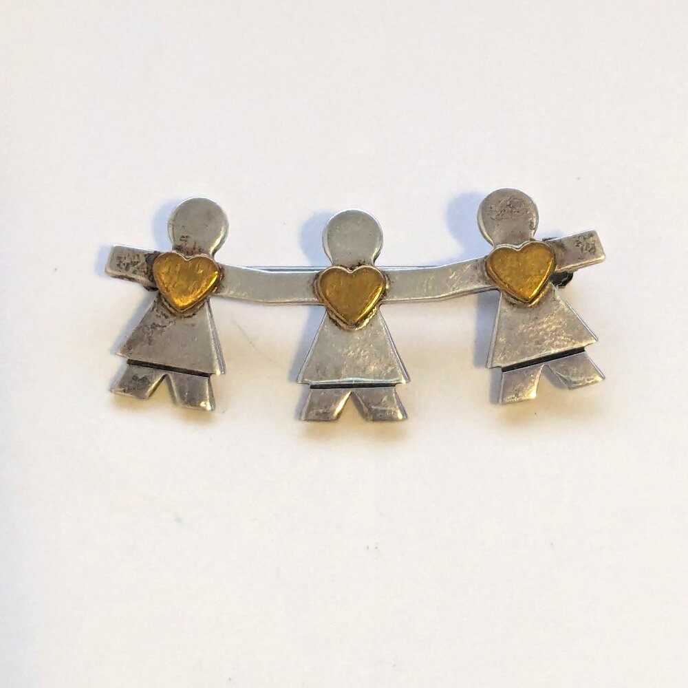 Vintage NALDO 925 Sterling Silver Brass Children Holding Hands Brooch Pin